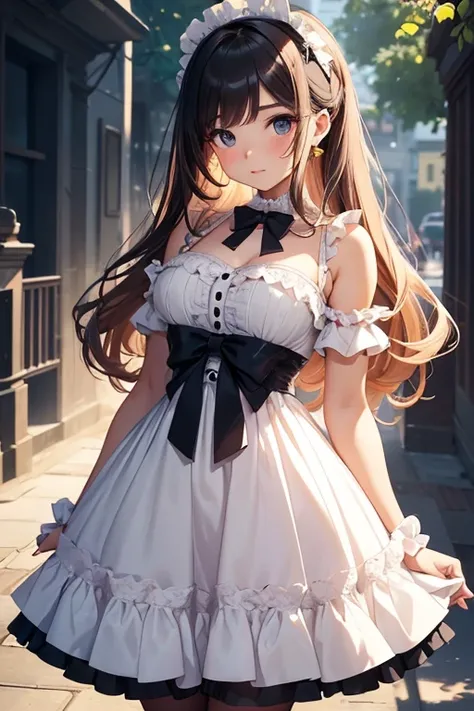 A young, innocent, and curious girl with a voluptuous figure, dressed in clothing that accentuates her physical attributes yet highlights her naive and childlike personality. She wears a form-fitting pastel-colored dress with frills and bows, reflecting he...