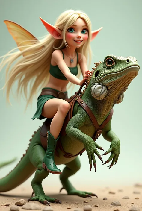 Super realistic illustration, Detailed Fantasy art, Cinema 4D rendering, 1 cute lady, full body, A fairy-sized elven lady is riding Riding an iguana with a saddle and stirrups, Controlling the Iguana by grabbing its head. long blonde hair, blue eyes. droop...