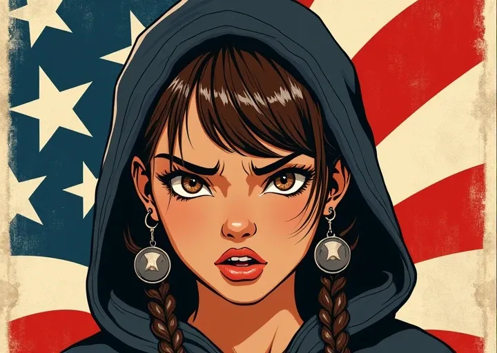 A stern, young woman with a fiery spirit, framed by a bold, American propaganda poster background, boasts a messy, braided hairstyle with choppy bangs and a hood cast over her head, her crazy eyes blazing with annoyance as her raised eyebrows convey a sens...