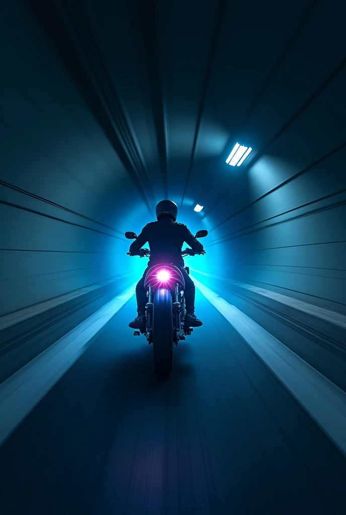 In road tunnel bike go and in image show the bike speedy go and on the back of motor bike the magically blue light flew that show the engine oil and this all process in it engine oil packging 