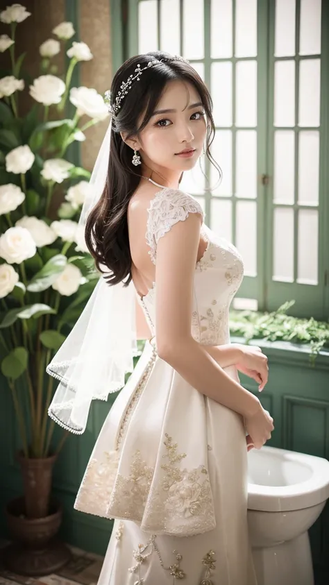 堅実  
Create an ultra-realistic 8K resolution image of an ultimate bride inspired by "Toire no Hanako-san" (Hanako of the Toilet), retaining her core visual traits while transforming her into a breathtaking bride. Her pale, flawless skin radiates softly und...