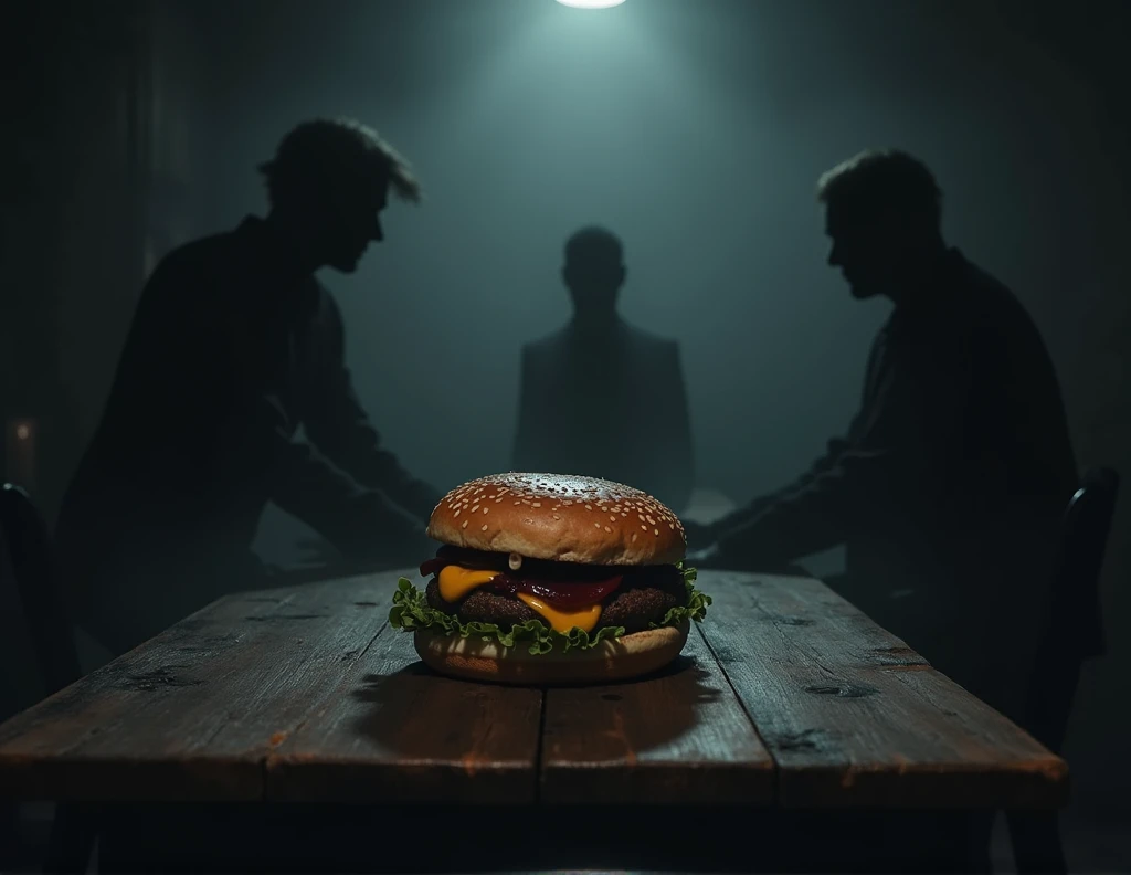 A close-up of a sinister hamburger on a dark wooden table. The setting is eerie, with dim lighting casting long shadows, and in the background, shadowy figures gossip in hushed tones, creating an unsettling and creepy atmosphere.