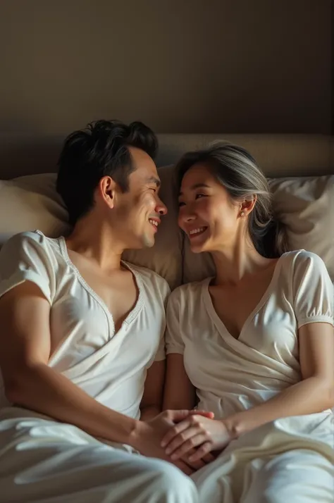 mature Asian couple ((man and woman)), night gown, full body, in bed