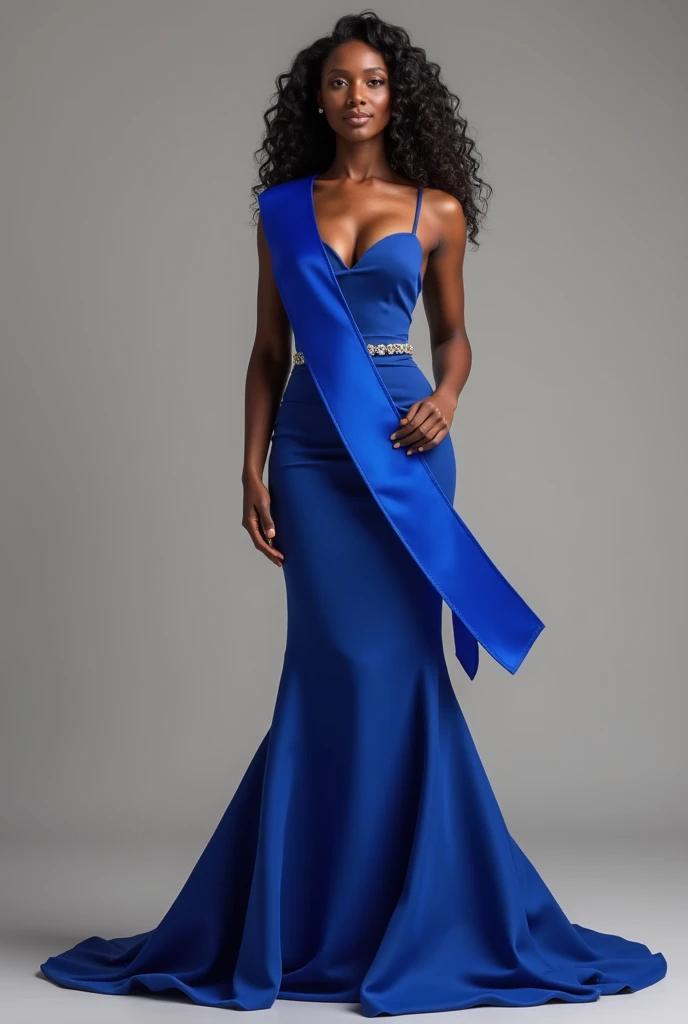 Standing Female black pageant model, wearing a mate royal blue pageant sash.