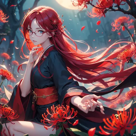 A beautiful glasses-wearing girl with long red hair and blue eyes in a red kimono stands in a field of red red spider lilies. A fox emerges from the twilight, detailed facial features, highly detailed eyes, (Best Quality, 4k, 8k, High Resolution, Masterpie...