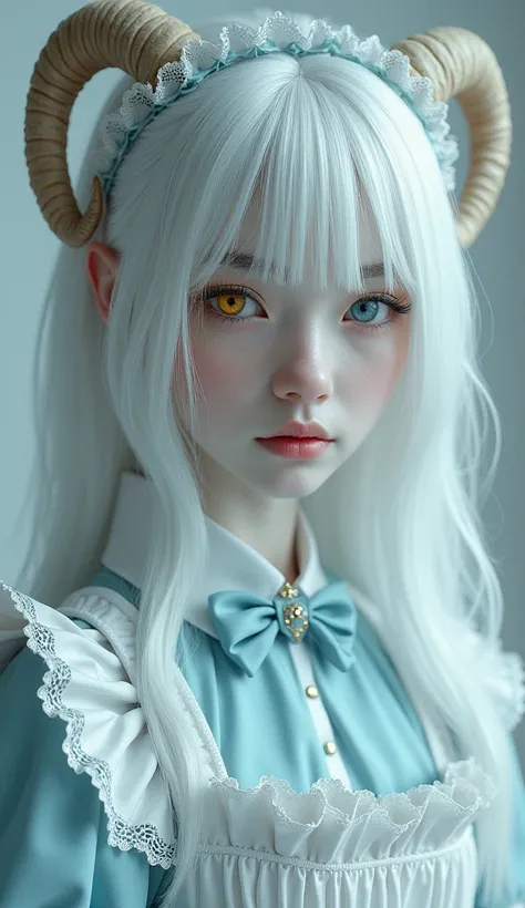 A very cute girl with white medium-length hair, a blue left eye, a yellow right eye, ram horns, pale blue skin, a frilly headband and a maid outfit.