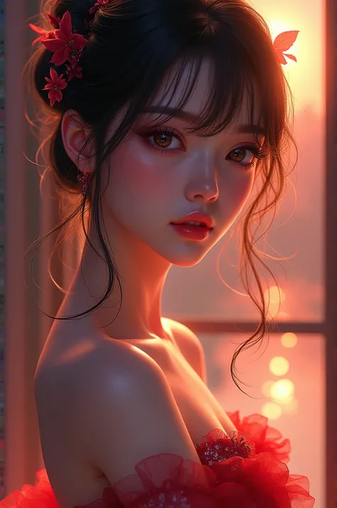 a sexy anime girl,beautiful detailed eyes,beautiful detailed lips,extremely detailed eyes and face,longeyelashes,1girl,dynamic pose,cinematic lighting,vibrant colors,highly detailed,elegant dress,glowing skin,warm lighting,intricate background,photorealist...