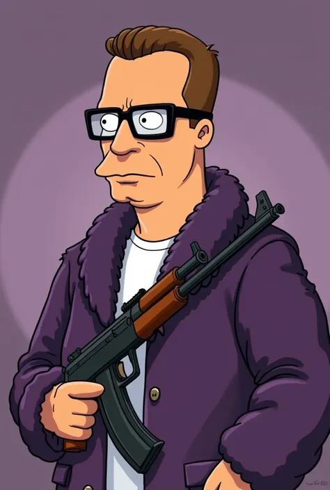  a detailed portrait of Hank Hill, a middle-aged man with a square jaw and a slightly large, flat nose. His face should appear clean-shaven with a strong, conservative expression. He has short, brown, neatly combed hair, and wears large, rectangular glasse...