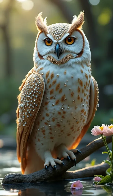 best quality, Amazing with owl perched on branches , detalhes intrincados, (Melhor sombra), elegante, voluminetric lighting feet visible in a lake with flowers, The background is a blurred garden or park with trees and foliage, , its feathers are studded w...