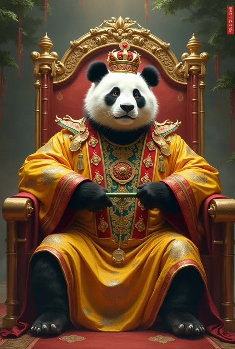 giant panda king,Wearing a yellow dragon robe,Wearing the emperor&#39;s crown,and wearing a red queen&#39;s robe,Wearing a phoenix crown on his head,red red panda queen,Sitting on a large throne,Eat bamboo,oil painting style