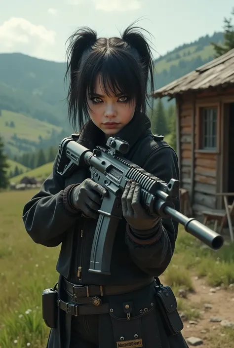 Goth girl firing a machine gun　Against a very rural background