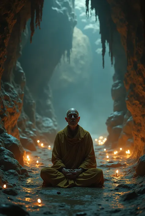 100-year-old monk meditating in Thai Buddhism in a magical cave,light,firefly