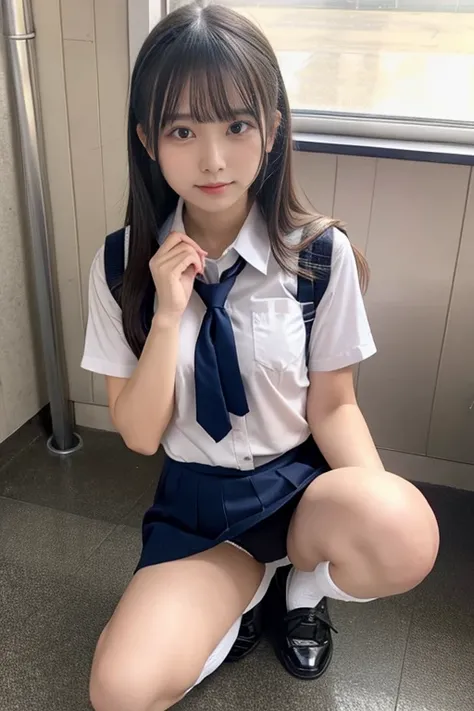 high school girl、wearing a uniform、squat、panties