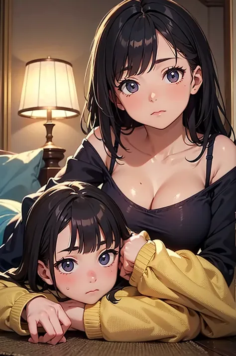 A shy and embarrassed expression、((Lying down:1.3)).((Out-of-place clothes、Showing a little bit of underwear)),((Highest quality)), ((masterpiece)), (detailed),One girl, (Large Breasts:1.3).((Baby Face:1.3))
An anime-style girl in a cute, fluffy pajama set...