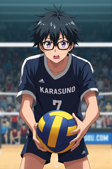 haikyuu screenshot, black haired boy with glasses, Purple eyes, slightly dark skin, high, a little thin and with somewhat defined features, slightly long hair in a wolf cut, Wearing the Karasuno team uniform and sweating a little in the background, he has ...