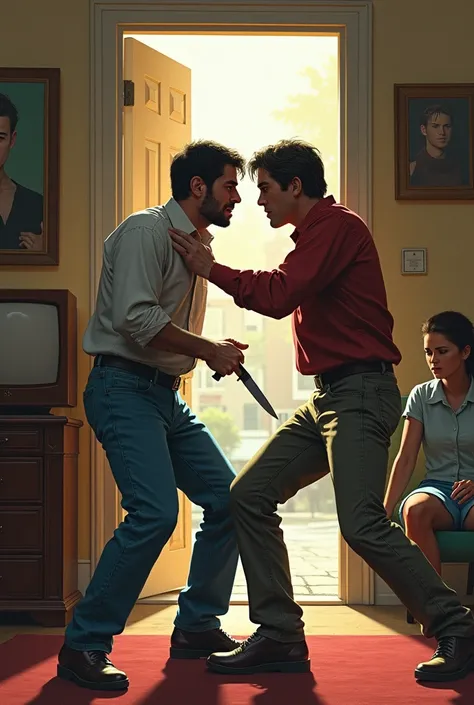 Two men in ordinary clothes, one of the men has a knife in his hand, they fight and a woman watches Panic inside a room, the furniture is from the 80s, there is a door in the middle of this room that is open with a view of a street.