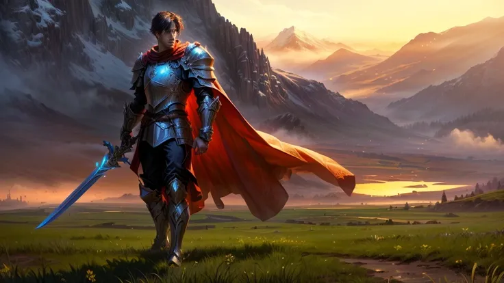 A knight walking in a field with a sword in his hand, a human male paladin, red cape, handsome knight, male paladin, silvain sarrailh, hero character art, arsen lupin as a paladin, fantasy paladin, epic graphic novel wallpaper, realistic grass, realistic m...