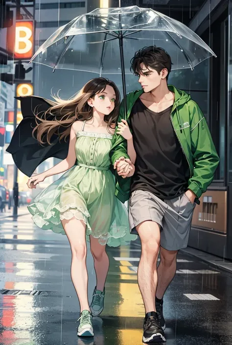 A couple in love running through the rain, holding hands with each other, a girl with loose long brown hair and gray eyes, in a blue dress and sneakers, a man with short black hair and green eyes