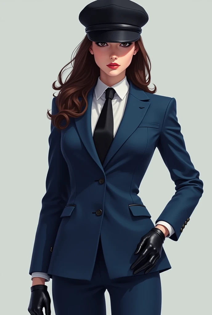 Woman black cap blue suit black gloves diarrhea