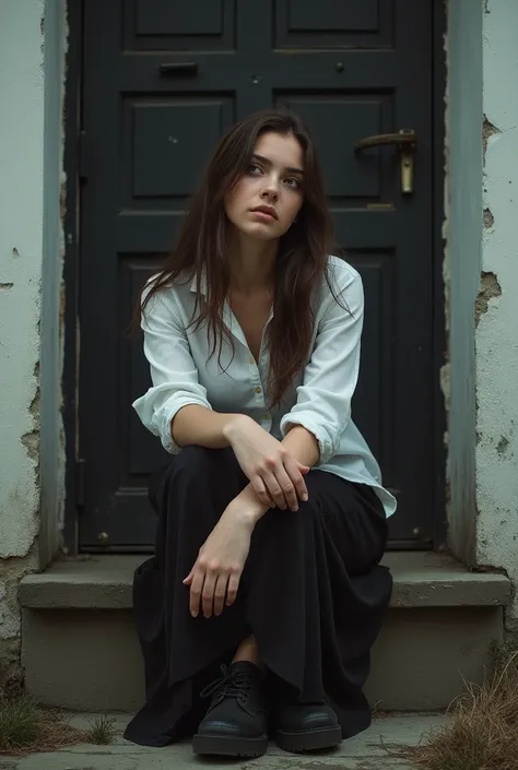 photograph of a Lithuanian young woman, long messy brunette hair, looking away from the viewer, sitting on a step in front of a worn old door, wearing a revealing button-down t-shirt, long skirt, platform shoes, light makeup, dismal day, cloudy, high dynam...