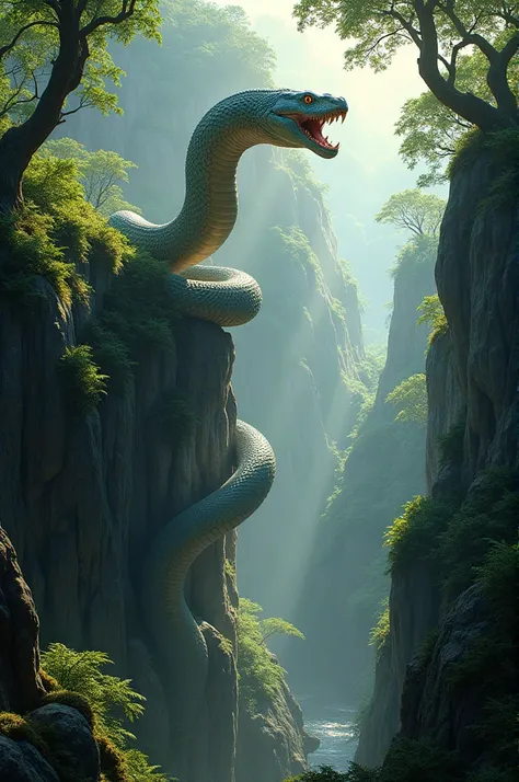 Image of a giant snake walking on a steep forest cliff