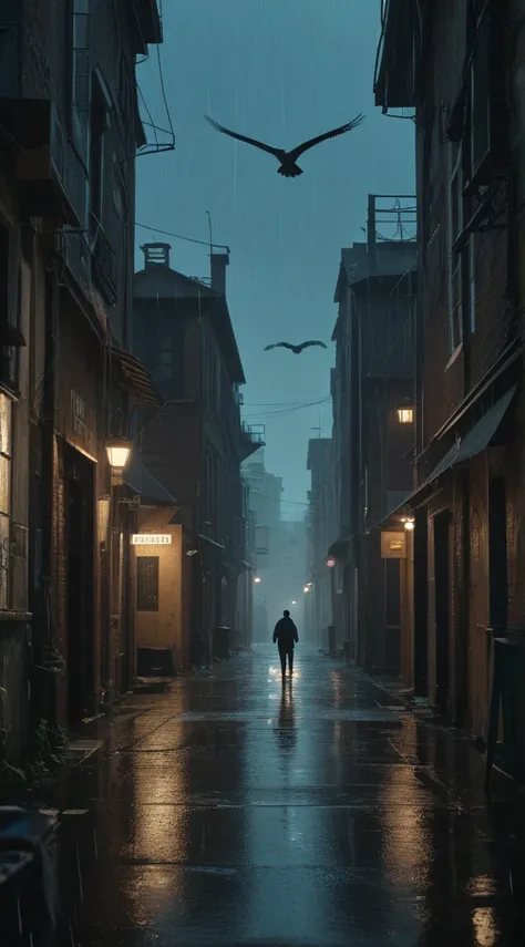 ((masterpiece)), ((Highest quality)), ((High resolution)), ((In detail)),((Highest quality, 8k, masterpiece))The Birdcage and the Lonely Boy、night、Rainy Back Alley、Silhouette of a flying hawk