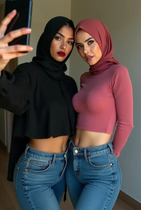 2 girls wesring Hijab , 1 girl wearing niqab seetrough, girl in blue jeans high heels pink crop top sexy pose big ass perfect face, taking selfie, taking sexy pose