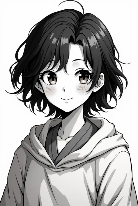 create a dark haired, brown eyed cleric in black and white manga style smiling, Add details