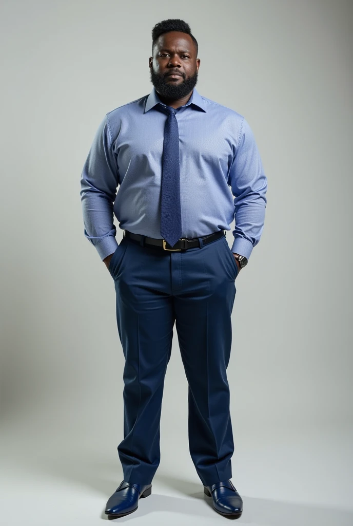 A tall black man with blue jeans and blue check shirt and tie and blue shoes and brown hair 