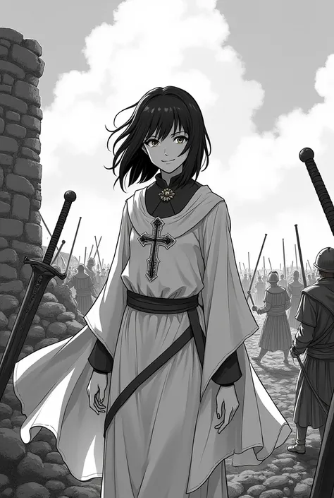 create a dark haired, brown eyed cleric in black and white manga style smiling, add details in medieval times and in a war of about 25 years
