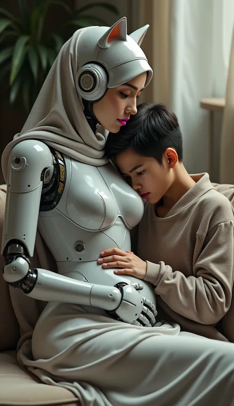  female robot wearing a hijab, big breasts, robot body, robot hands, pink lips, wearing a cat headband, rubbing the stomach of a teenage boy on the sofa