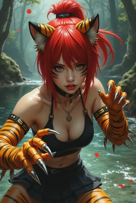 full body display、Half Beast Half Man、Yokai painting、Horror painting、Appearances are擬人化された虎人の女性、One woman、Asian、Beauty、Cute face、Appearances are、Redhead punk hair、Wearing black striped makeup on her face、Tiger-shaped gloves on hands、Tiger-shaped socks on f...