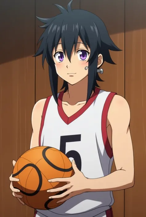 haikyuu screenshot, Tall black haired boy with piercings in his left ear and another piercing in his right lip, by the wide, purple eyes, slightly brown skin, playing a little game, with the ball in hand wearing the number 5 on his shirt with a brown woode...