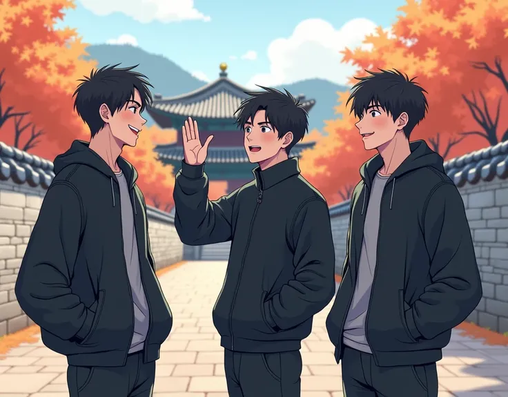 The stone wall and maple trees of Bulguksa Temple are visible in the background.. The appearance of the male students, 90s style black jacket and pants. A group of male students having a conversation. Show only the upper body. A friend raises his hand and ...