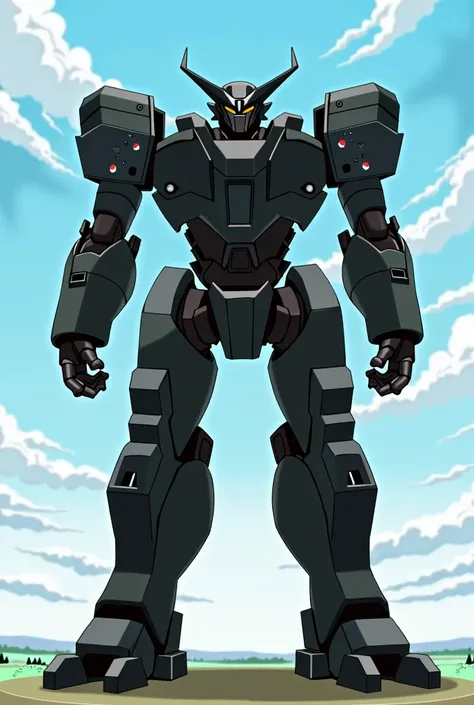 A robust black robot with grey parts and a sky landscape in the background High resolution