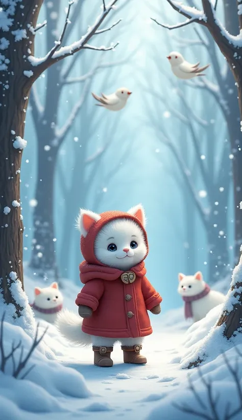 "create a realistic picture. Mio, a small white-furred cat, wearing a thick red wool coat with a hood and brown boots, walks on the soft snow in the eternal winter forest. Around her, big trees are covered in ice, while magical creatures such as snowbirds ...