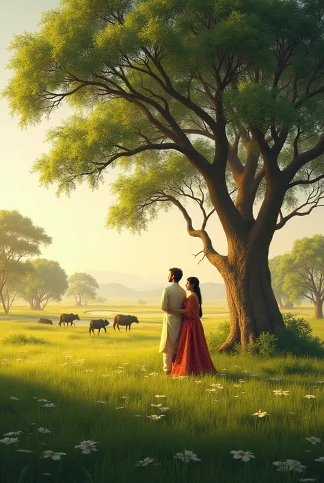 Rajasthani field , tree , couple , buffalo , pond 