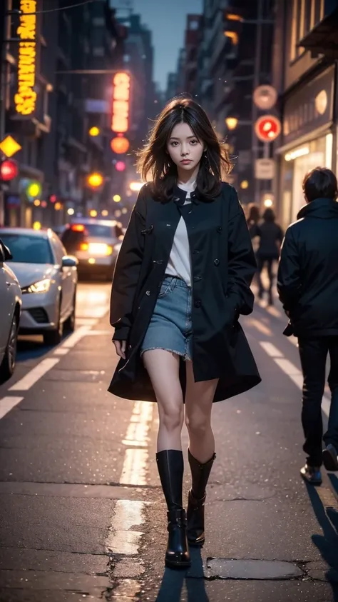 here’s a prompt you could use for your artwork creation:

"a young woman walks down a busy city street at twilight, the warm glo...