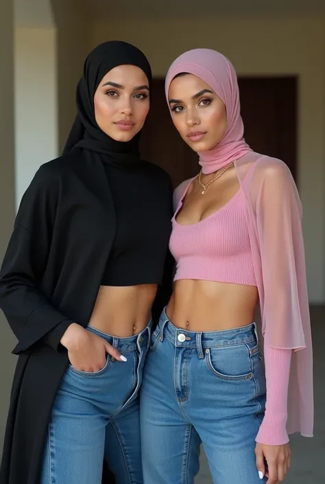 2 girls Hijab , 1 wearing girl niqab seetrough, girl in blue jeans high heels pink crop top sexy pose big ass perfect face, taking selfie