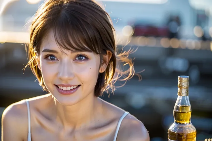 (Realistic, 超Realistic:1.4), 16k hdr, High resolution,Brown short hair,The best smile、Japanese actress,Super Beauty(Like the real thing),Short sleeve dress,Whiskey bottles、The Macallan、Johnnie Walker、、Old Parr、whiskey、Suntory、Nikka、Slim couple、Model Couple...