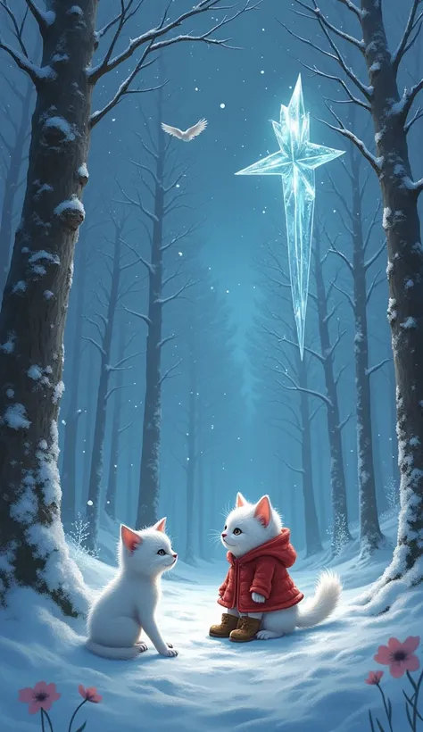 "create a realistic picture, In the middle of an eternal winter forest, Mio, a little white kitten in a red wool coat and brown boots, is surrounded by magical creatures. A cunning but cute ice fox sits next to her, while a snowbird with pure white feather...