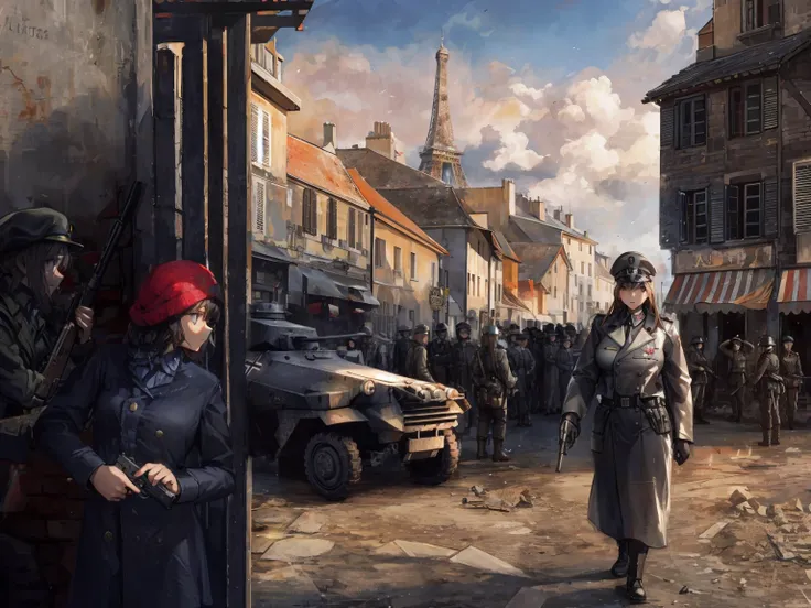 Female resistance, paris france World War 2, nazi german armored car in background, uniformed female soldier, rounding up civilians, Eiffel tower, anime illustration