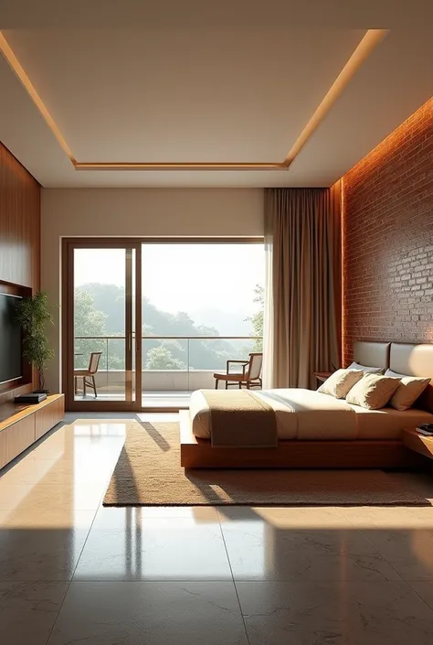 Create an modern bedroom interior with kadappa stone flooring and use white color and red brick texture and a cupboard with glossy texture with best combination with walls and flooring colour and a big glass partition to the attachment of balcony and the b...