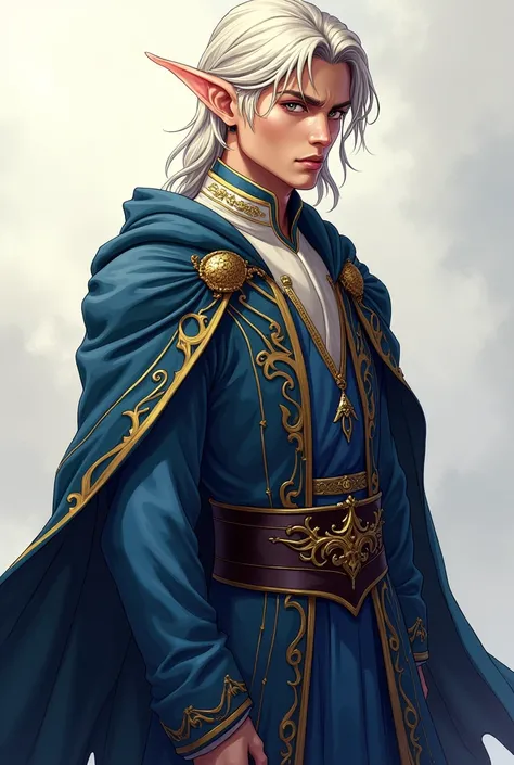 beautiful drawing , long elven robes,a very handsome male elf mage, Avallac&#39;h, beautiful eyes smart , light hair below the shoulders combed back, elven, Royal, long clothes, sharp cheekbones, sunken cheeks, triangular face. straight nose,anime style