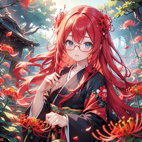 a beautiful glasses-wearing girl with long red hair and blue eyes in a red kimono stands in a field of red red spider lilies. a ...