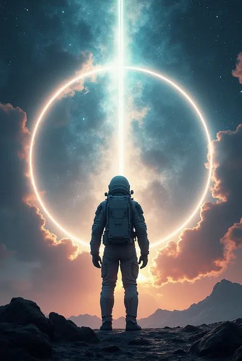 man waiting the portal to open to space 
