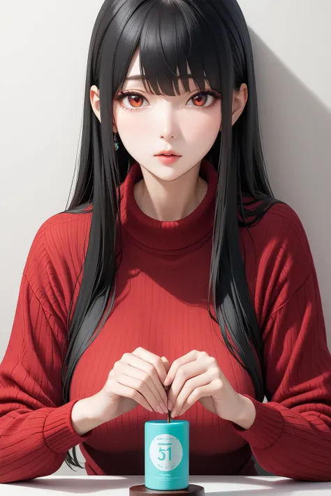 red sweater, red eyes，a beautiful woman,black hair,maturity,attractive,perfect figure,(solo:1.2),(highest quality,extremely clea...