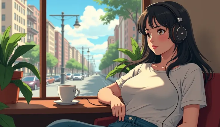 8k、high school girl、Mature、Calm、Big Breasts、T-Shirts、Using headphones、Cafe、noon、View of the city、coffee、2D-style animation, Lo-Fi、Retro、Anime style illustrations、Long Shot