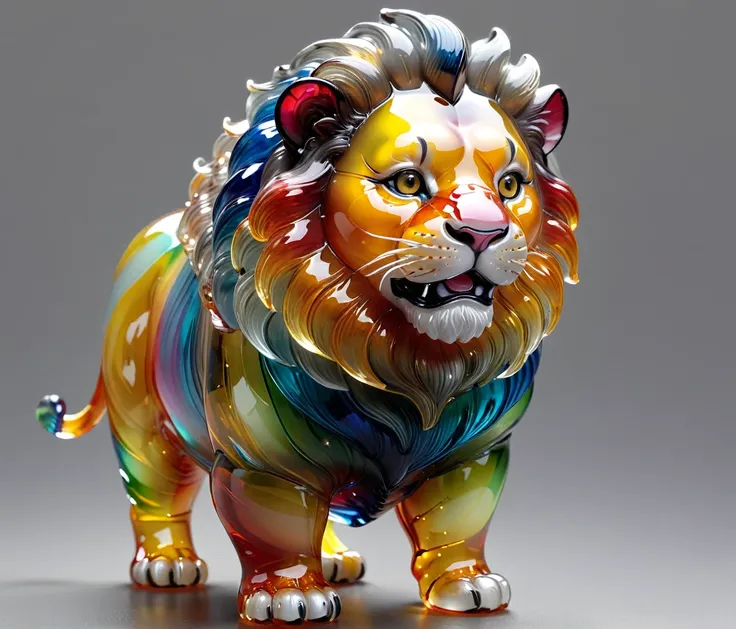 gl4ssj3m, (cute, chubby, male, lion), transparent glass sculpture, vibrant colors, done by artists such as ruan jia, highly deta...