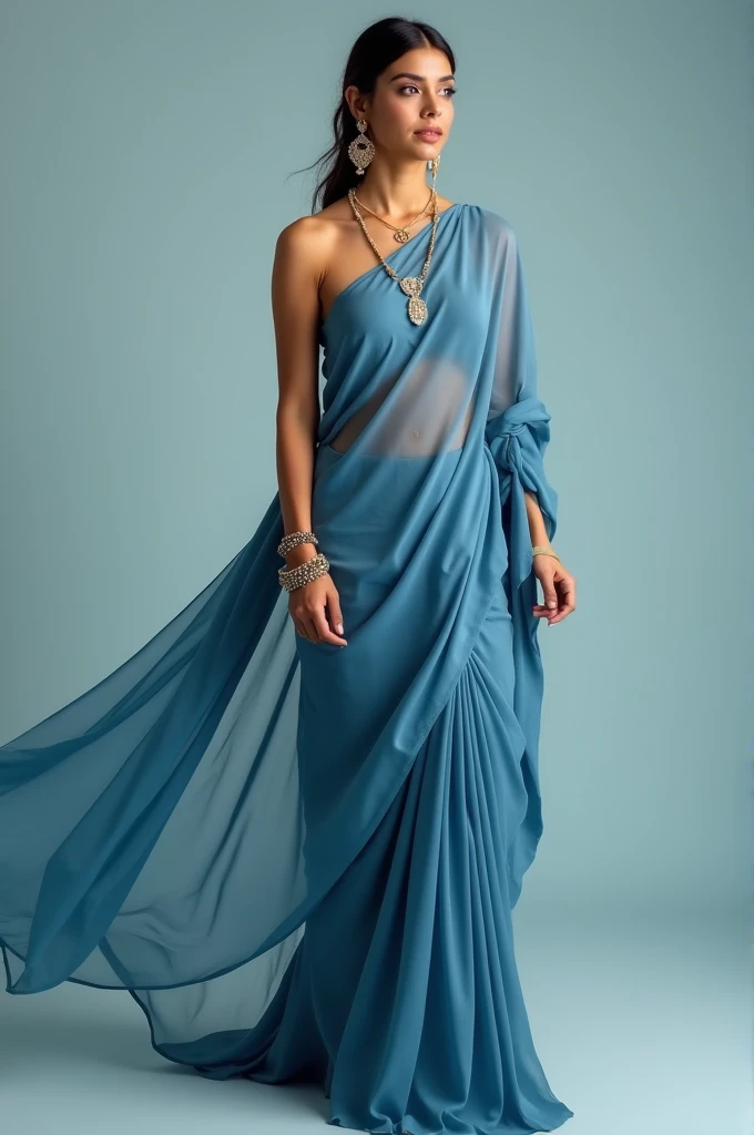 A full image of woman wearing dusky blue colour chiffon saree in dhoti style with long pallu and beautiful, elegant yet simple and light weight jewelleries from top to bottom 